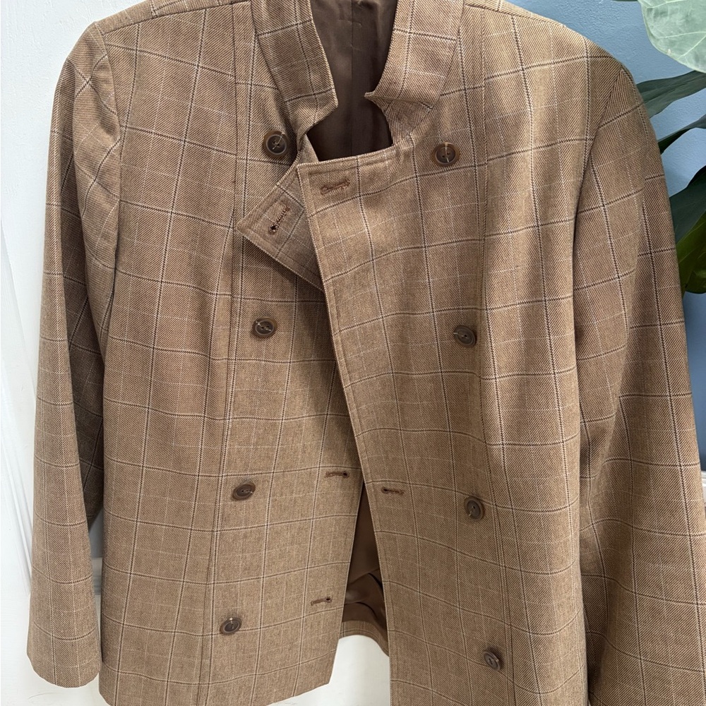 Vintage Brown and light blue Plaid Double-Breasted Blazer